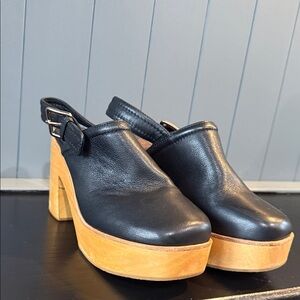 Charlotte Stone Leather Platform Slingback Clogs with Wood Heel